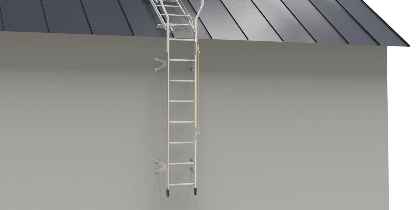 Fasadstege med handledare som leder till takstege
